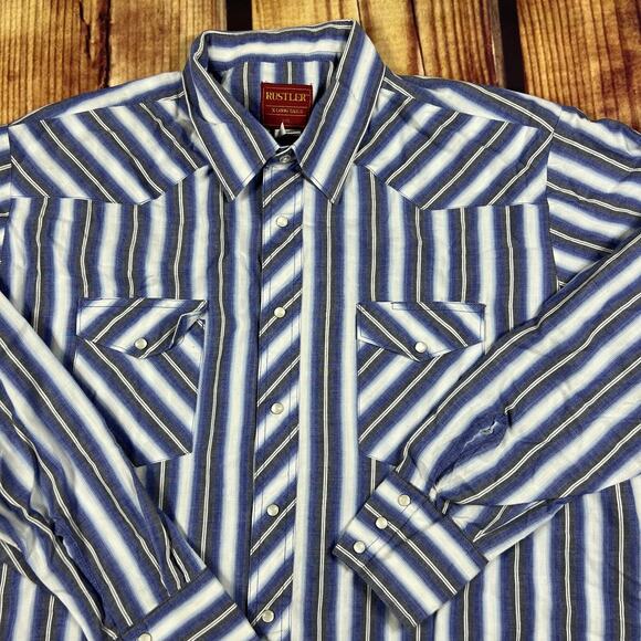 Rustler X-Long Tails Western Shirt Men XXL Blue Striped Long Sleeve Pearl Snap - Picture 1 of 5